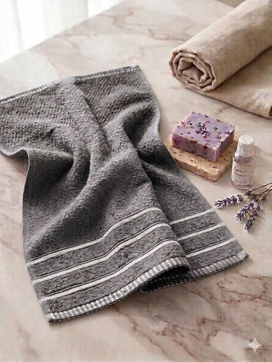 100% Cotton Hand & Gym Towel Set of 2 (41x61 cm) – 400 GSM Ultra Soft, Quick Dry, Highly Absorbent & Lightweight Striped Border Towels for Men, Women & Kids, Bathroom & Kitchen Use (Light Grey)
