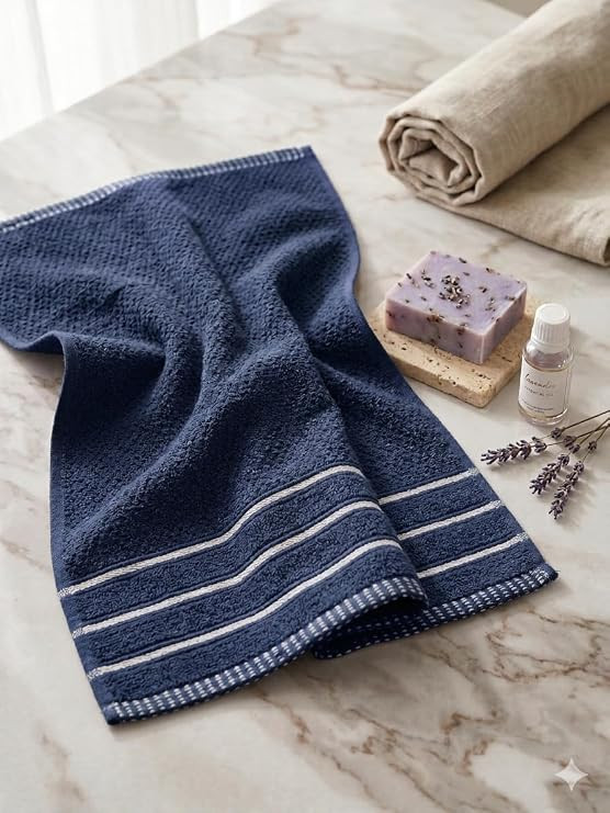 100% Cotton Hand & Gym Towel Set of 2 (41x61 cm) – 400 GSM Ultra Soft, Quick Dry, Highly Absorbent & Lightweight Striped Border Towels for Men, Women & Kids, Bathroom & Kitchen Use (Navy Blue)