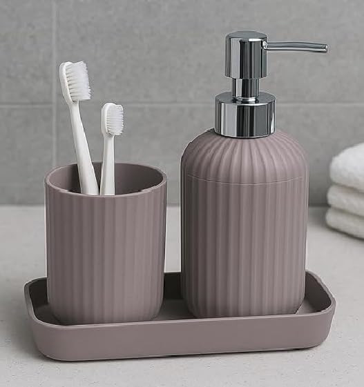 3-Piece Modern Grey Bathroom Set | Plastic Liquid Soap Dispenser, Toothbrush Holder & Tray | Wash Basin Countertop Accessories for Home & Bathroom Organisation