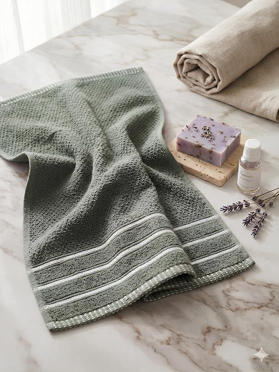 100% Cotton Hand & Gym Towel Set of 2 (41x61 cm) – 400 GSM Ultra Soft, Quick Dry, Highly Absorbent & Lightweight Striped Border Towels for Men, Women & Kids, Bathroom & Kitchen Use (Sage Green)