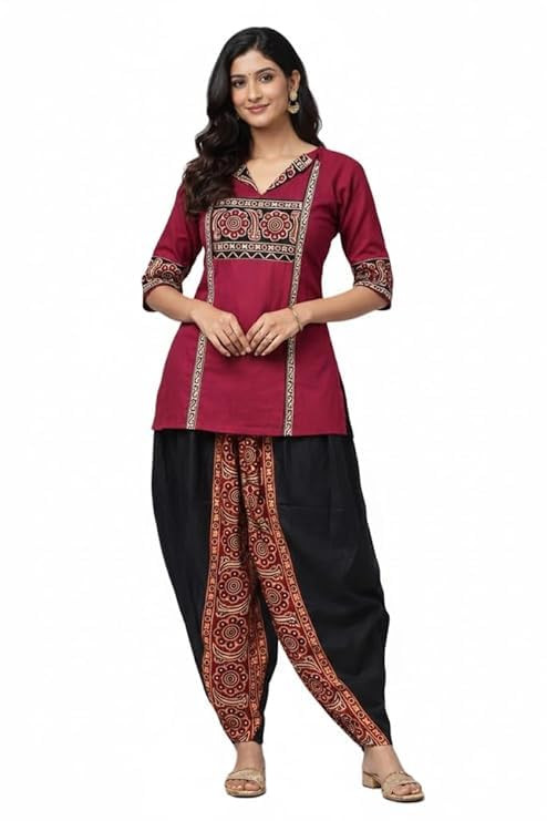 Maroon Printed Kurti Top with Black Dhoti Pant Set | Pure Cotton | 3/4 Sleeve Ethnic Wear Girls clothing set