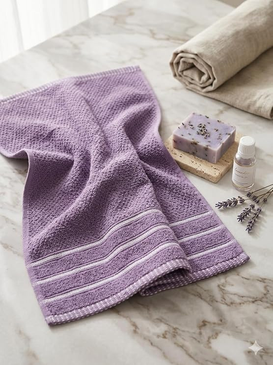 100% Cotton Hand & Gym Towel Set of 2 (41x61 cm) – 400 GSM Ultra Soft, Quick Dry, Highly Absorbent & Lightweight Striped Border Towels for Men, Women & Kids, Bathroom & Kitchen Use (⁠Lavender Purple)