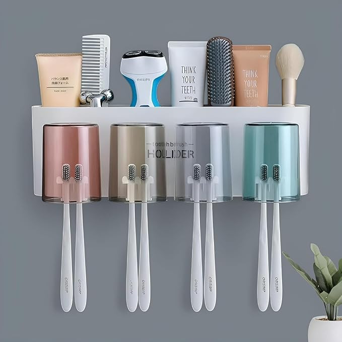 Toothbrush Holder Wall Mount Set, 4 Metallic Color Cups with Magnetic Base, Bathroom Organizer Storage Rack for Oral Care Accessories