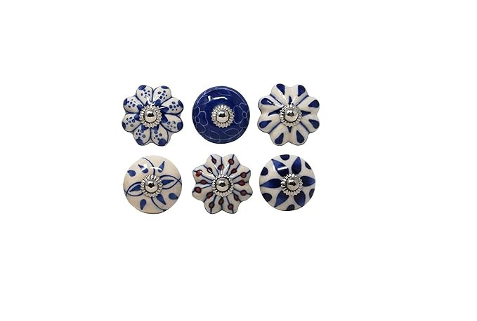 Vintage Ceramic Door Knobs, Blue and White Floral Pattern, Decorative Cabinet Pulls with Metal Hardware for Kitchen, Wardrobe, Drawers, Pack of 6 Pcs., Blue.