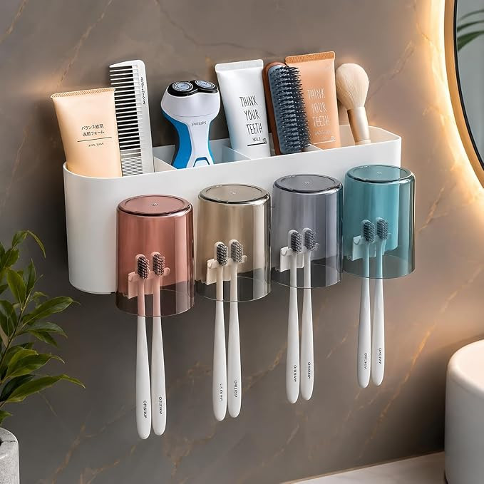 Plastic Toothbrush Holder Wall Mounted with 4 Cups | Bathroom Toothbrush Organizer Stand with Dustproof Cover | Toothbrush and Toothpaste Holder for Family, Bathroom Wall Storage Rack (White)