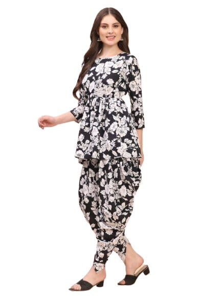 Women Floral Printed Kurta Dhoti Pant Set Stylish Indo Western Outfit 3/4 Sleeve Round Neck Casual Ethnic for Women Festive Party Comfortable Daily Kurti Set