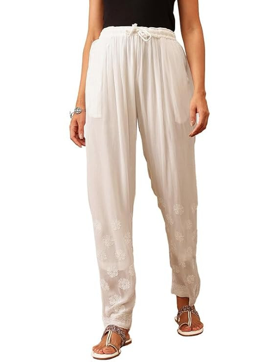 Women High Rise Hand Embroidered Lucknow Chikankari Viscose Loose Fit Palazzo Pant Culottes A711188