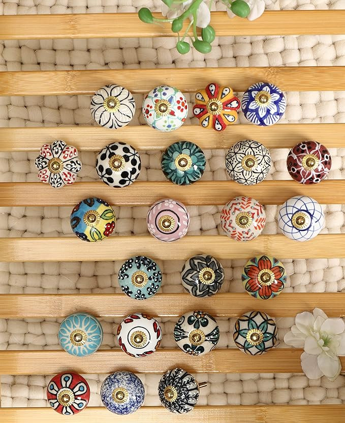 Ceramic Vintage Assorted Blue Pottery Drawer, Door Knobs and Pulls Handle for Kitchen Cabinets Home Interior Decor (Multicolour, D-1.6 x H-2.5 Inches) - Pack of 6