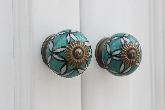 Pack of 10 Decorative Knob -Ceramic Drawer Pull- Green Wardrobe Knobs -Floral Kitchen Cabinet Knobs -Door Pulls- Dresser Handles
