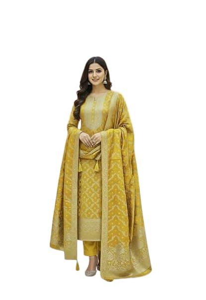 Golden colour women salwar kameez dupatta Banarasi silk Jacquard design Dress Material with Dupatta Traditional Indian Ethnic Wear Salwar Suit Fabric Motif n mirror work on front placket