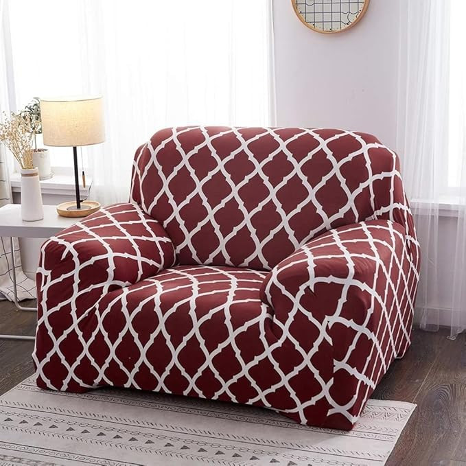 1 Seater Universal Polyester Blend & Spandex Sofa Cover Big Elasticity Cover for Couch Flexible Stretch Sofa Cover | Imported Slipcover | (Burgundy Geometric, Single Seater (90-145cm))