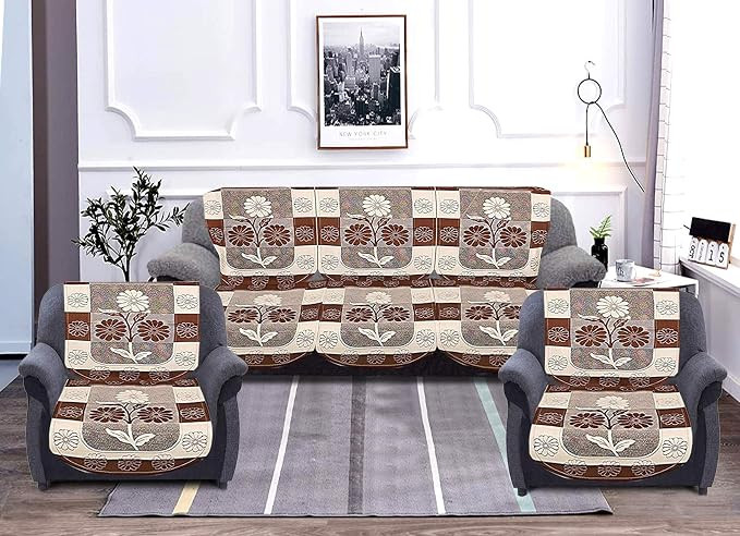 Floral Print Cotton 5 Seater Slip Cover/Sofa Cover|Sofa Cover 3 Seater and 2 Seater|Pack of 6 (Brown)