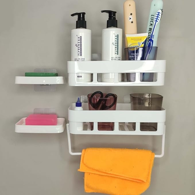 Plastic Bathroom Accessories, Bathroom Rack, Bathroom Shelf Organizer, Wall Mounted Shelf, Bathroom Hardware And Accessories, Storage Racks, (4 Pack, 2 Bath Shelf + 2 Soap), White