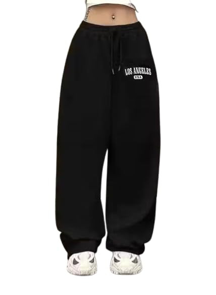 Women’s Baggy Jogger Pants | Oversized Loose Fit Sweatpants for Girls | High Waist Drawstring Track Pants | Printed Casual Lounge Wear | Black