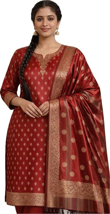 Red Banarasi Silk Suit Set with Golden Zari Work, Traditional Ethnic Dress Material with Dupatta for Weddings and Festivals