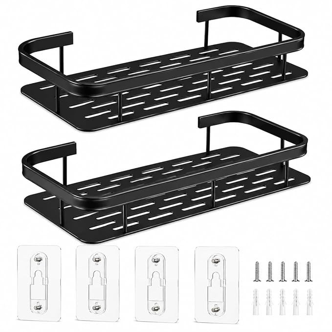 Bathroom Shelf Wall Mounted | Self Adhesive Shower Caddy Organizer | Rustproof Metal Bathroom Rack for Shampoo Soap Kitchen Storage | No Drill Shelf Holder, Black,
