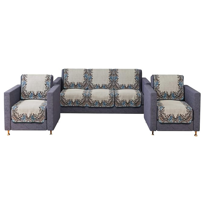 Net Velvet 5-Seater Crown Sofa Cover | Couch Slipcover Set for Living Room | Brown Gulab Border Crown Sofa Cover | Cream