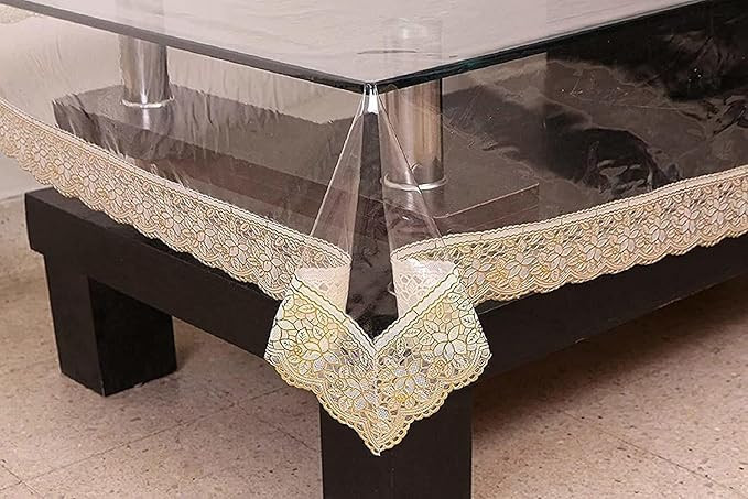 Clear Tablecloth Transparent Cover Heat Resistant & Waterproof PVC with Stylish Designer Embroided Floral Lace for Dining and Coffee Table (Gold 54 x 78 Inch)