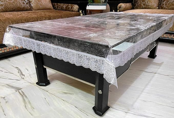 Clear Tablecloth Transparent Cover Heat Resistant & Waterproof PVC with Stylish Designer Embroided Floral Lace for Dining and Coffee Table (Silver 54 x 78 Inch)