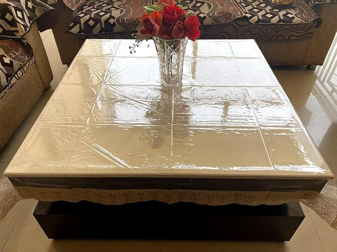 Decor Waterproof PVC Plastic Clear 4 Seater Square Table Cover (Transparent, Beautiful Golden Lace, 45x45 inch, Thickness: 0.20mm)