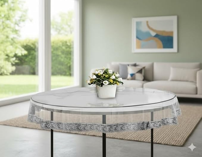 Elegant PVC Transparent Designed Table Cover with Luxurious Lace Trim/Waterproof and Dustproof/Perfect for Dining & Home Décor/Available in Size (Silver lace, 42 X 42 Round)