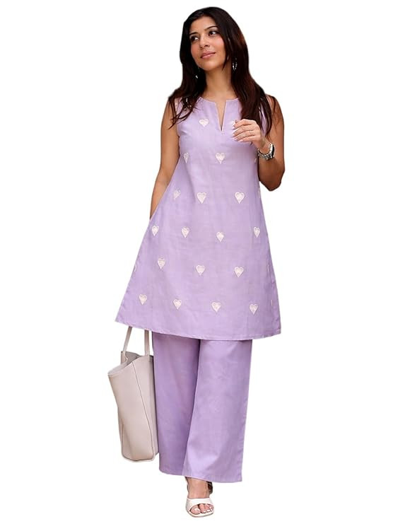 Kurta Set for Women Cotton Blend Embroidered | Kurti Set for Woman | Farshi Salwar Suit Kurta Palazzo Outfit | Round Neck V Slit Sleeveless Regular Fit Ethnic Dress Stylish Clothing