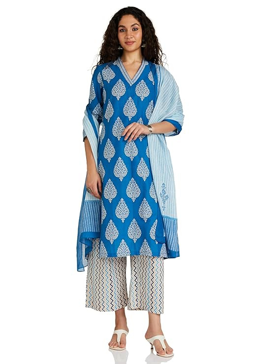 Women Cotton Straight Printed Kurta Straight Palazzo Suit Set
