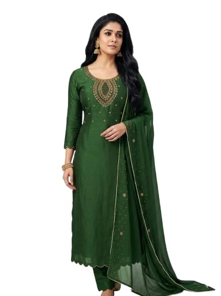 Women’s Unstitched Pure Vichitra Satin Salwar Suit Dress Material with Copper Look Handwork Neckline, Santoon Bottom & Inner, Heavy Embroidered Border Dupatta, Party Style Ethnic Suit Set