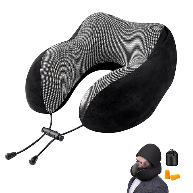 Hooded Neck Pillow for Travel, Upgraded 100% Pure Memory Foam Travel Pillow for Flights, Comfortable Neck Support Pillow for Neck Pain, Machine Washable Neck Rest Pillows
