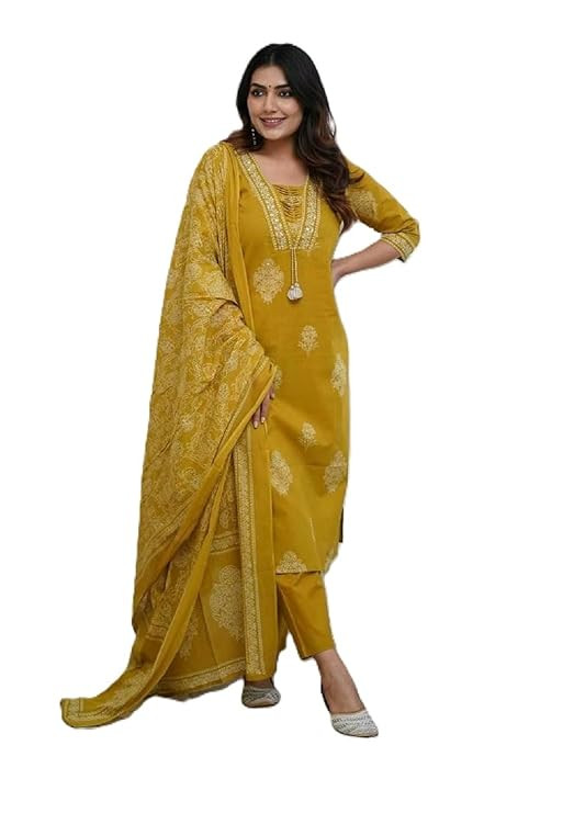 Women's Pure Cotton Printed with Handwork Kurta with Pants and Dupatta Set | Ethnic Set | Suit Set | Kurta Set | Wedding Suit Set