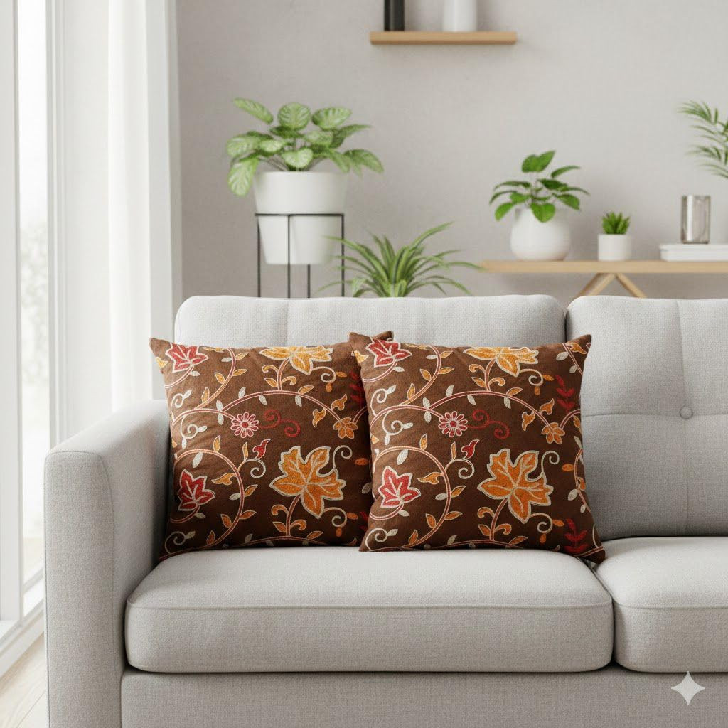 Embroidered Velvet Cushion Cover | Floral Design | Cushion Cover in 16 x 16 inches for Couch, Chair, Sofa, Bed | Luxury Home Decor Set of 2. (Brown)