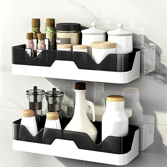 Pack of 2 Self-Adhesive Plastic Bathroom Rack, Bathroom Shelf Organizer, Wall Mounted Shelf, Bathroom Hardware & Accessories, Storage Racks Kitchen Bathroom Accessories Rack Shelf, White & Black