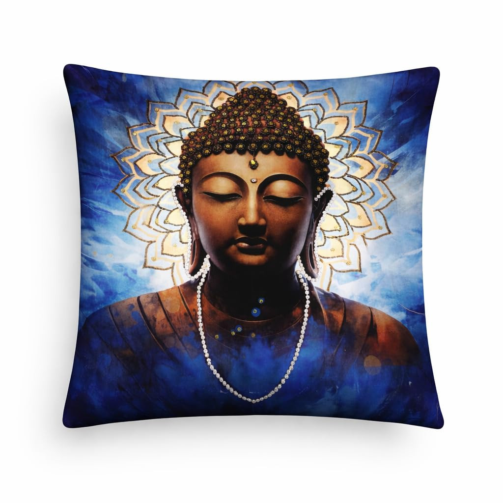 Decorative Cushion Cover Set of 2, 16x16 Inch, Premium Polycotton Sofa Cushion Covers for Living Room (Buddha)