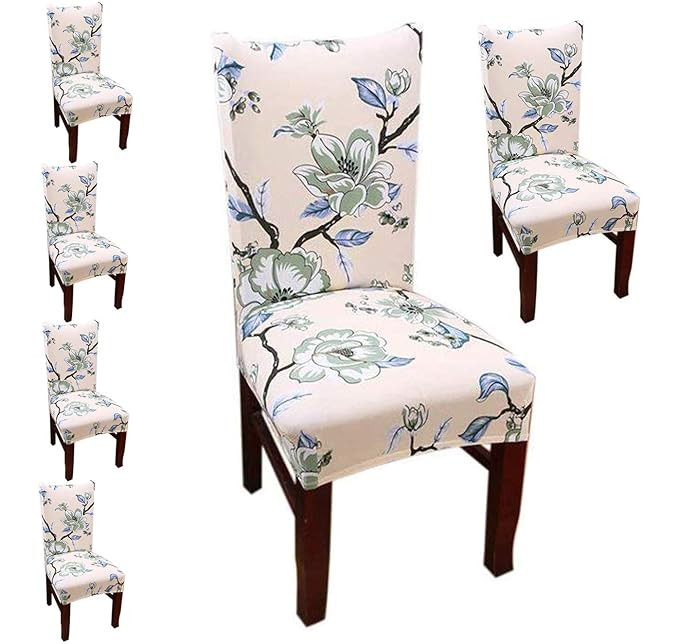 Polyester Chair Covers Strechable Removable Washable Dining Chair Cover (D01 Beige/Green Flower, Pack of 6)