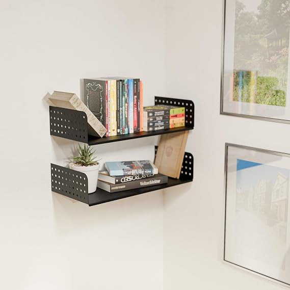 Wall Shelf for Books, Metal Wall Mounted Book Shelf, Floating Book Rack for Wall, Magazine Holder Shelf for Living Room, Bedroom & Office, Durable Metal Wall Shelf Black