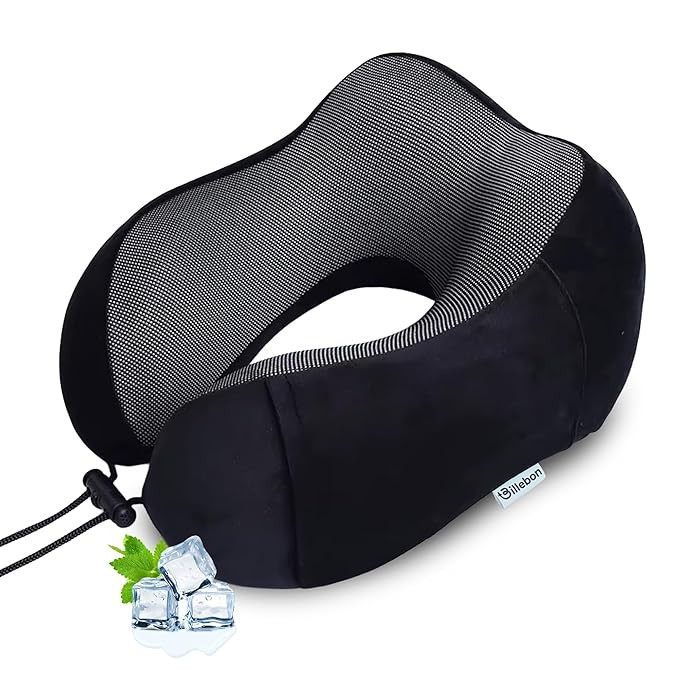 Neck Pillow for Travel – Cool-Gel Infused Memory Foam Support, U-Shape Ergonomic Design, Portable for Flight Journeys, Lightweight Compact Build, Soft Washable Cover (Black)