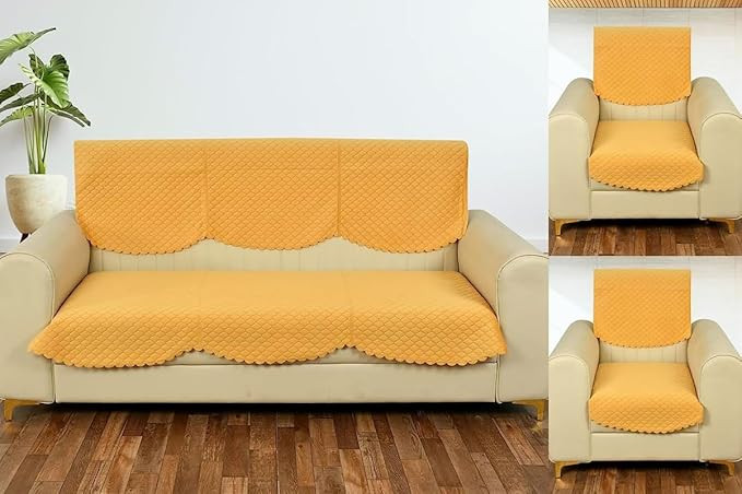 Solid Color Premium Quilted Sofa Cover Set for 5 Seater | 3 Seater and 2 Seater Slip Covers/Velvet Panel (Yellow, 5 Seater)