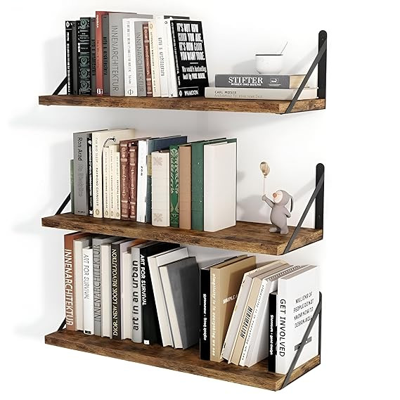 Wood Wall Shelves with Black Metal Brackets, Book Shelf for wall, wall Shelves, wall Book Shelf, 20x6 Inch, Set of 3, for Books and Decor