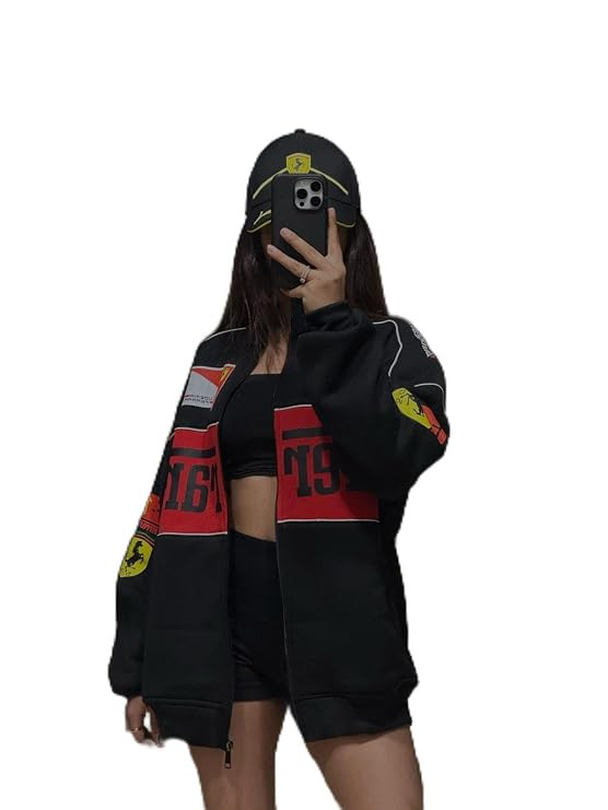 WesternVibe Women's F1 Racing Style Oversized Bomber Jacket Full Zip Casual Streetwear Jacket Stand Collar Lightweight Winter Outerwear Black Red