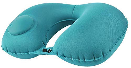 Portable Push Button Inflatable U-Shaped Neck Pillow, Soft Fabric Travel Pillow for Airplane, Car, Office, Outdoor, Home | Press Type Automatic Air Cushion for Neck & Head Support (Green)