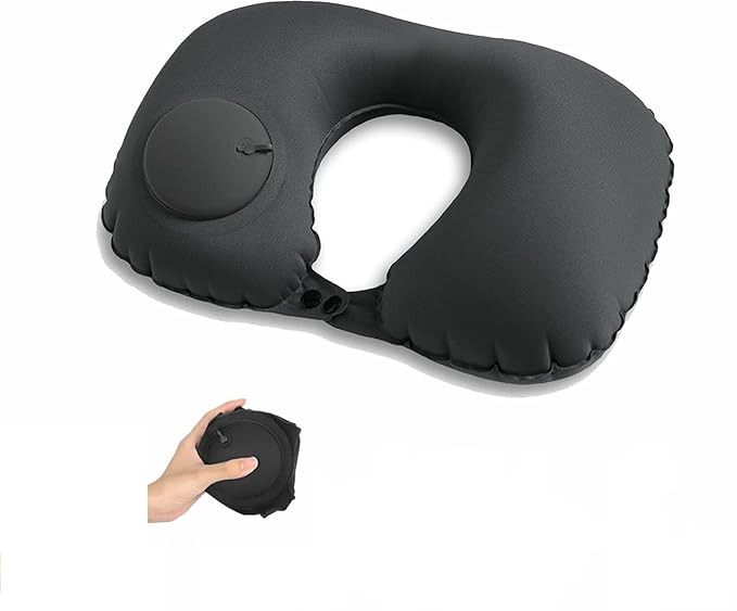 Portable Push Button Inflatable U-Shaped Neck Pillow, Soft Fabric Travel Pillow for Airplane, Car, Office, Outdoor, Home | Press Type Automatic Air Cushion for Neck & Head Support (Black)