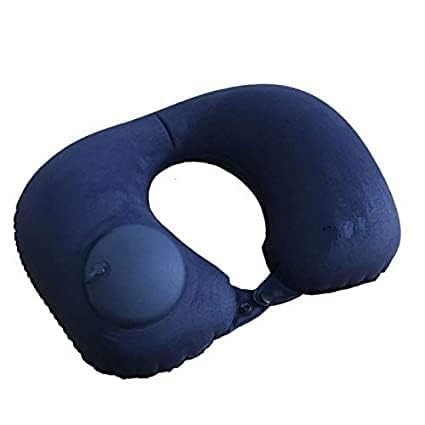 Portable Push Button Inflatable U-Shaped Neck Pillow, Soft Fabric Travel Pillow for Airplane, Car, Office, Outdoor, Home | Press Type Automatic Air Cushion for Neck & Head Support (Blue)