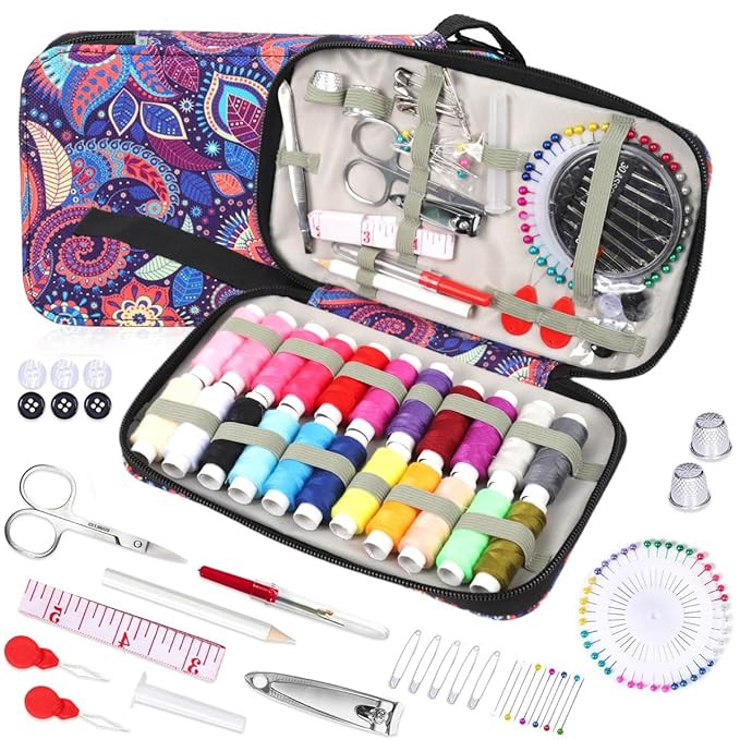 130PCS Sewing Kit Box with Floral Cloth Bga, 24-Color Tailoring Accessories with Needles, Threads, Scissors, Measuring Tape & Accessories for DIY, Adults, Beginners, Emergency, Travel, Home