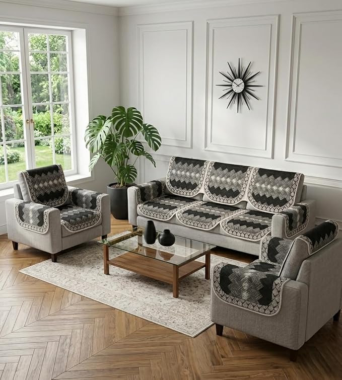 Quilted 5 Seater Sofa Cover Set with ARMS (3+1+1) - Digital Printed - Lightweight & Washable - Everyday USE Economical Furniture Protector (Dark Grey)