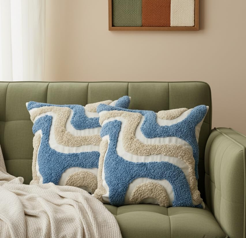 Premium Decorative Throw Cushion Pillow Cover Boho Home Decor - Living Room Bedroom Couch Sofa Cushion Covers 16 inch x 16 inch (2, Yellow Waves)