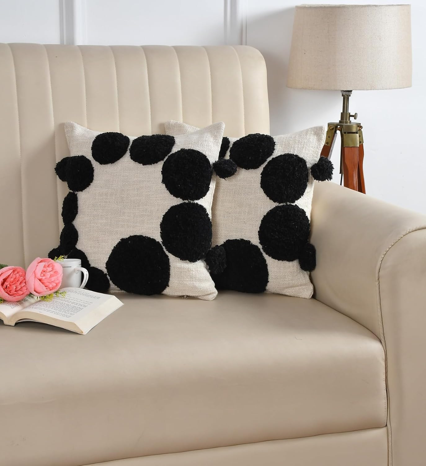 Premium Decorative Throw Cushion Pillow Cover Boho Home Decor - Living Room Bedroom Couch Sofa Cushion Covers 16 inch x 16 inch (2, Black Circles)