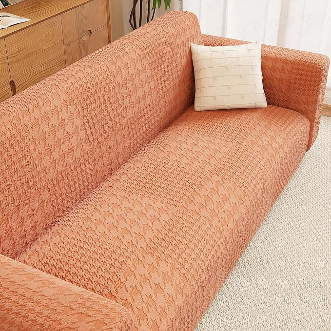 5 Seater Sofa Cover - Pastel Orange Square Knit Pattern | 3+1+1 Universal Textured Jacquard Fabric 240 GSM Elastic Couch Protector | Washable Sofa Cover for Living Room (SC-176-05)