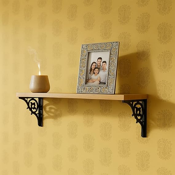 Wooden Top Black|White Iron Brackets Storage Rack|Industrial Wall-Mounted Floating Shelf for Living Room,Kitchen,Bathroom (Black Single Floral Small)