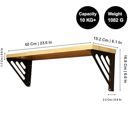 Wall Shelf with Wooden Top Black|White Iron Brackets Storage Rack|Industrial Wall-Mounted Floating Shelf for Living Room,Kitchen,Bathroom (Black Lines Large)