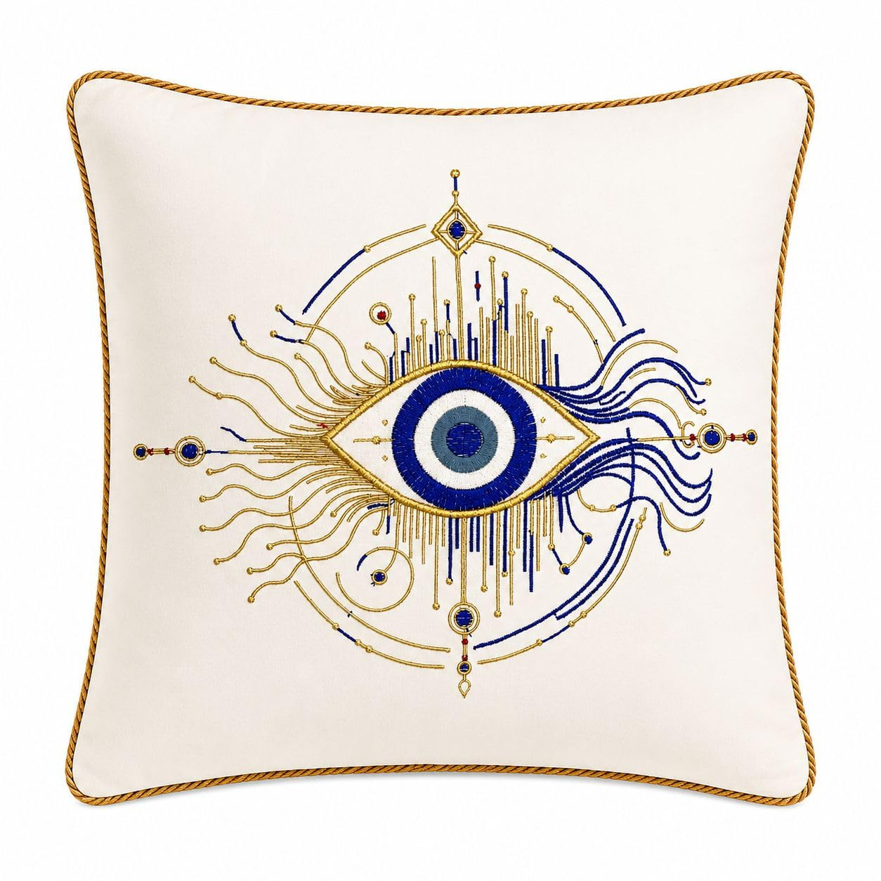 Evil Eye Embroidered Cushion Cover 16x16 Inch | Decorative Throw Pillow Cover for Sofa, Living Room, Bedroom & Couch | Boho Nazar Protection Cushion Case | Pack of 4